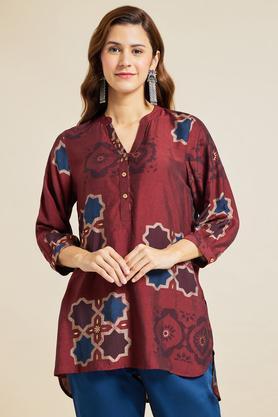 printed-poly-rayon-mandarin-women's-casual-wear-tunic---maroon