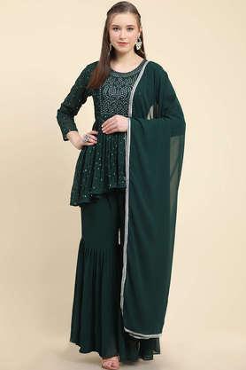 embroidered-mid-thigh-georgette-women's-kurta-set---green