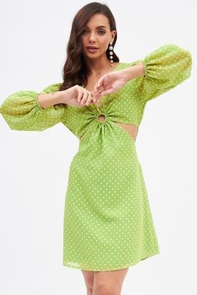 polka-dots-georgette-v-neck-women's-mini-dress---parrot-green