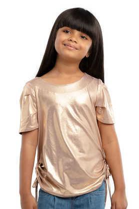 solid-polyester-round-neck-girls-top---gold