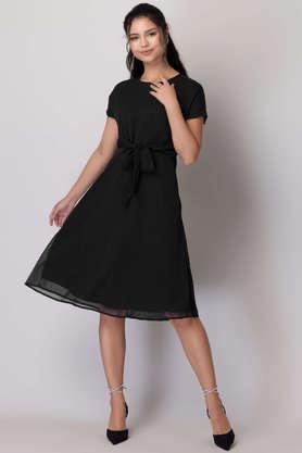 solid-round-neck-georgette-women's-mini-dress---black