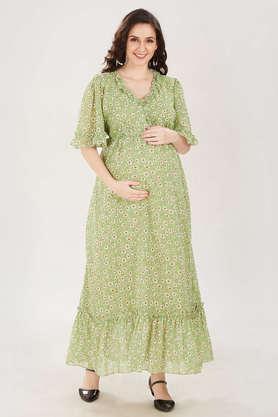 printed-georgette-v-neck-women's-maxi-dress---green