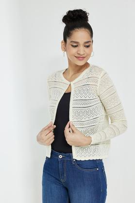 solid-round-neck-acrylic-women's-cardigan---natural