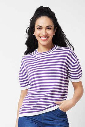 stripes-round-neck-blended-fabric-women's-casual-wear-sweater---purple