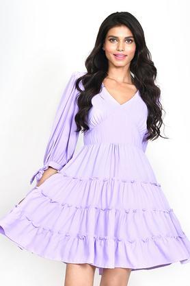 solid-polyester-v-neck-women's-mini-dress---purple