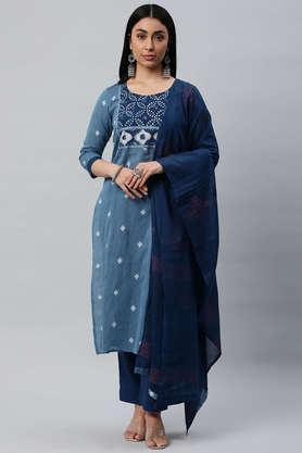 abstract-ankle-length-cotton-woven-women's-kurta-set---blue
