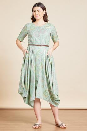 printed-round-neck-cotton-blend-women's-midi-dress---green