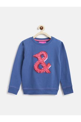 solid-cotton-blend-round-neck-girls-sweatshirt---blue