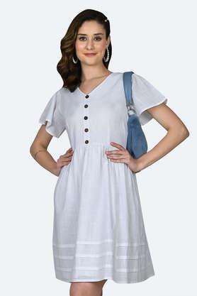 solid-cotton-v-neck-women's-mini-dress---white
