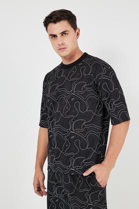printed-cotton-blend-round-neck-men's-t-shirt---black