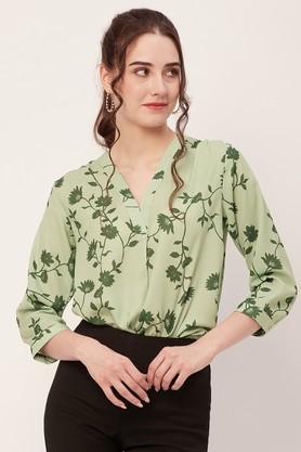 floral-v-neck-georgette-women's-casual-wear-shirt---green
