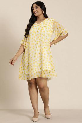 floral-v-neck-georgette-women's-dress---yellow