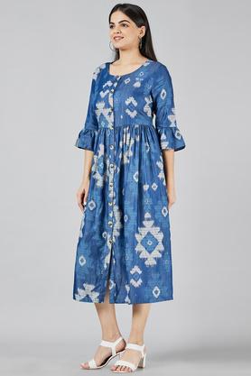 printed-round-neck-denim-women's-regular-fit-dress---indigo