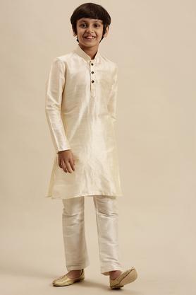 solid-art-silk-regular-fit-boy's-kurta-pyjama-set---cream