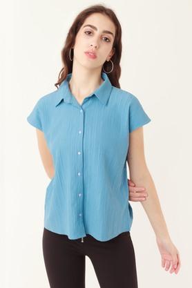 solid-polyester-collar-neck-womens-casual-shirt---blue