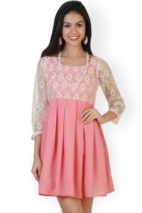 solid-georgette-round-neck-women's-knee-length-dress---pink