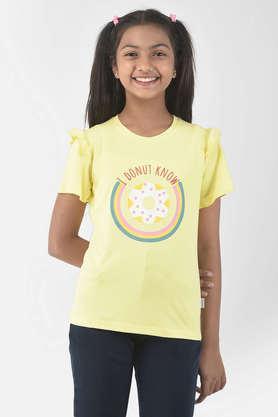 printed-viscose-blend-round-neck-girl's-t-shirt---lime-green