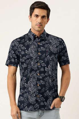 floral-cotton-regular-fit-men's-casual-shirt---navy