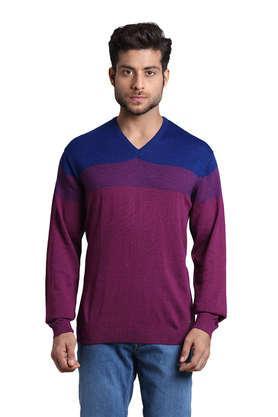 stripes-wool-v-neck-men's-sweater---purple
