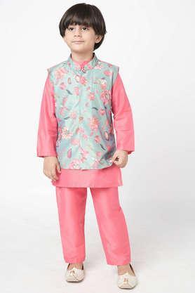 printed-cotton-knee-length-boys-kurta-pant-jacket-set---pink