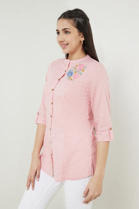 embroidered-cotton-slub-mandarin-women's-casual-wear-tunic---pink
