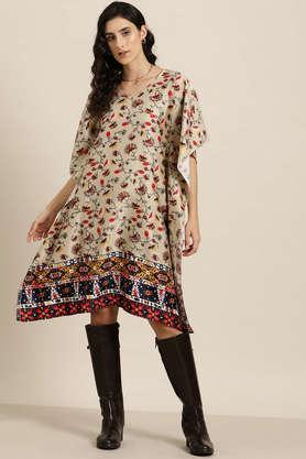 floral-v-neck-satin-women's-knee-length-dress---natural