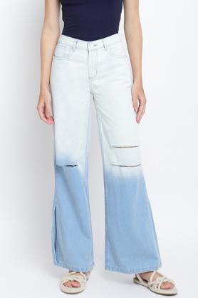 solid-poly-cotton-flared-fit-women's-jeans---light-blue