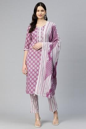 printed-cotton-regular-fit-women's-kurta-set---purple