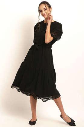 solid-round-neck-georgette-women's-midi-dress---black