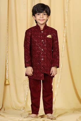embroidered-velvet-collar-neck-boys-sherwani-set---maroon