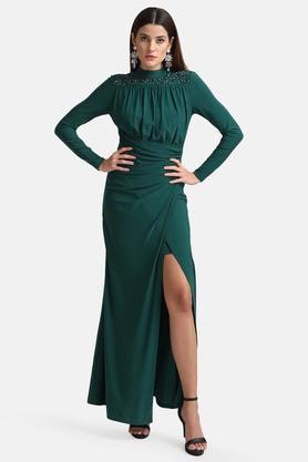 embellished-polyester-blend-high-neck-women's-maxi-dress---green