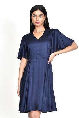 solid-modal-v-neck-women's-mini-dress---blue