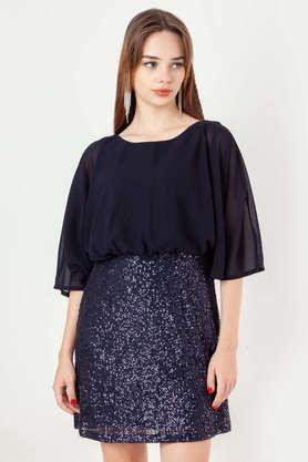 embellished-polyester-round-neck-women's-mini-dress---navy