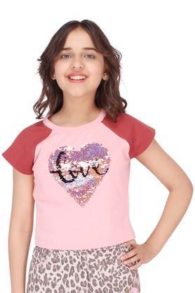 embellished-cotton-blend-round-neck-girls-top---peach