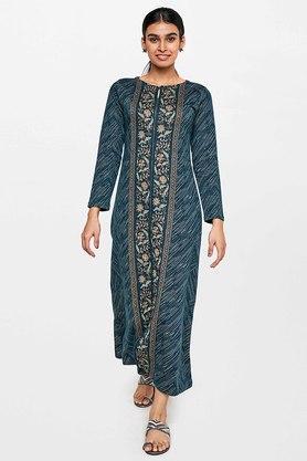 floral-polyester-round-neck-womens-gown---teal