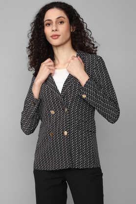 printed-polyester-round-neck-women's-blazer---black