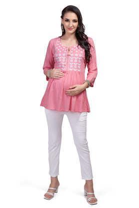 embroidered-viscose-round-neck-women's-kurti---pink