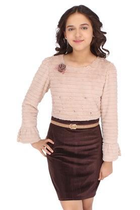embellished-fur-round-neck-girls-casual-dress---brown