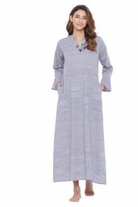 embroidered-v-neck-cotton-womens-night-dress---grey