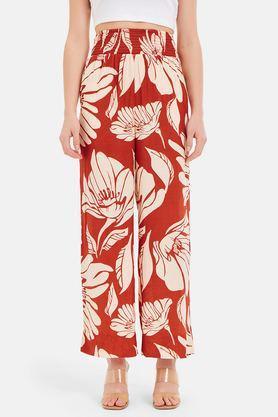 floral-regular-fit-viscose-women's-casual-wear-trousers---rust