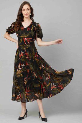 printed-v-neck-polyester-womens-fit-and-flare-dress---black