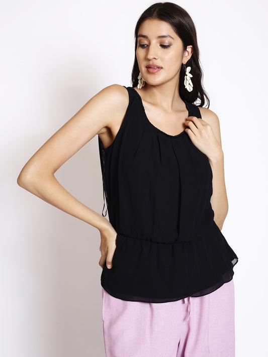 round-neck-sleeveless-gathered-cinched-waist-top