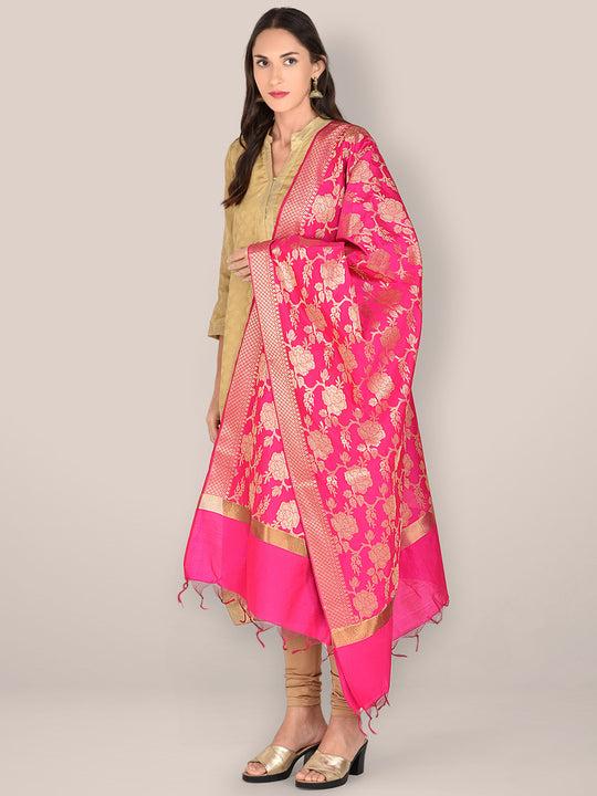 banarasi-rani-pink-silk-dupatta-with-floral-jaal