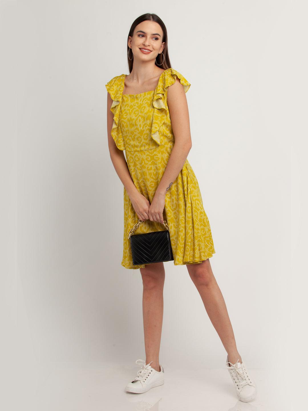 yellow-printed-flared-sleeve-short-dress-for-women