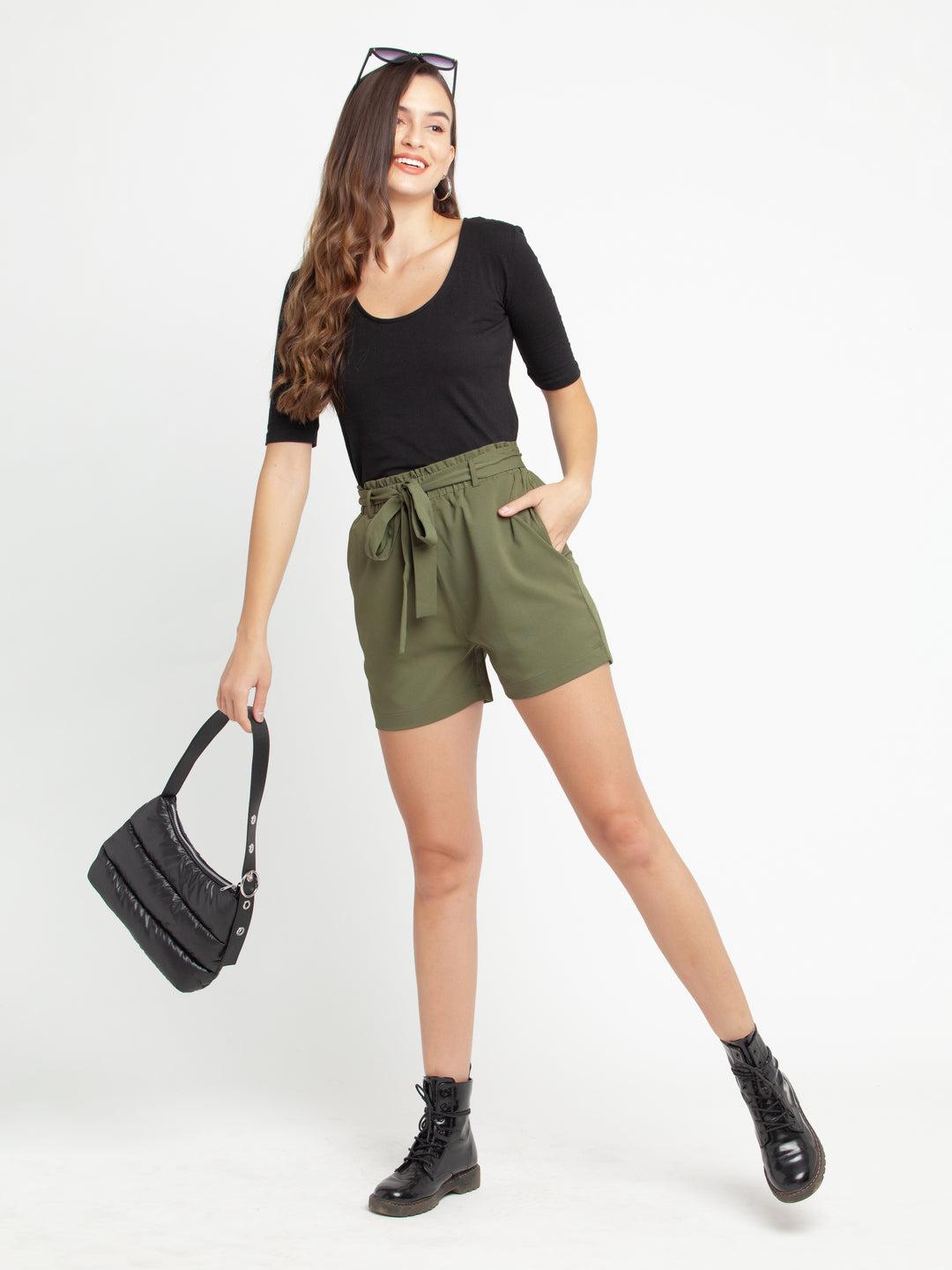 green-solid-elasticated-shorts-for-women