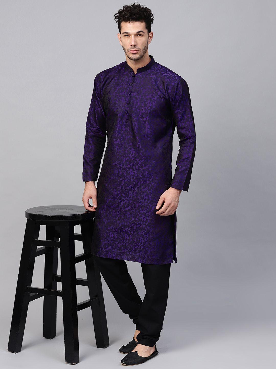 sojanya-men-purple-&-black-jacquard-woven-design-kurta-with-churidar