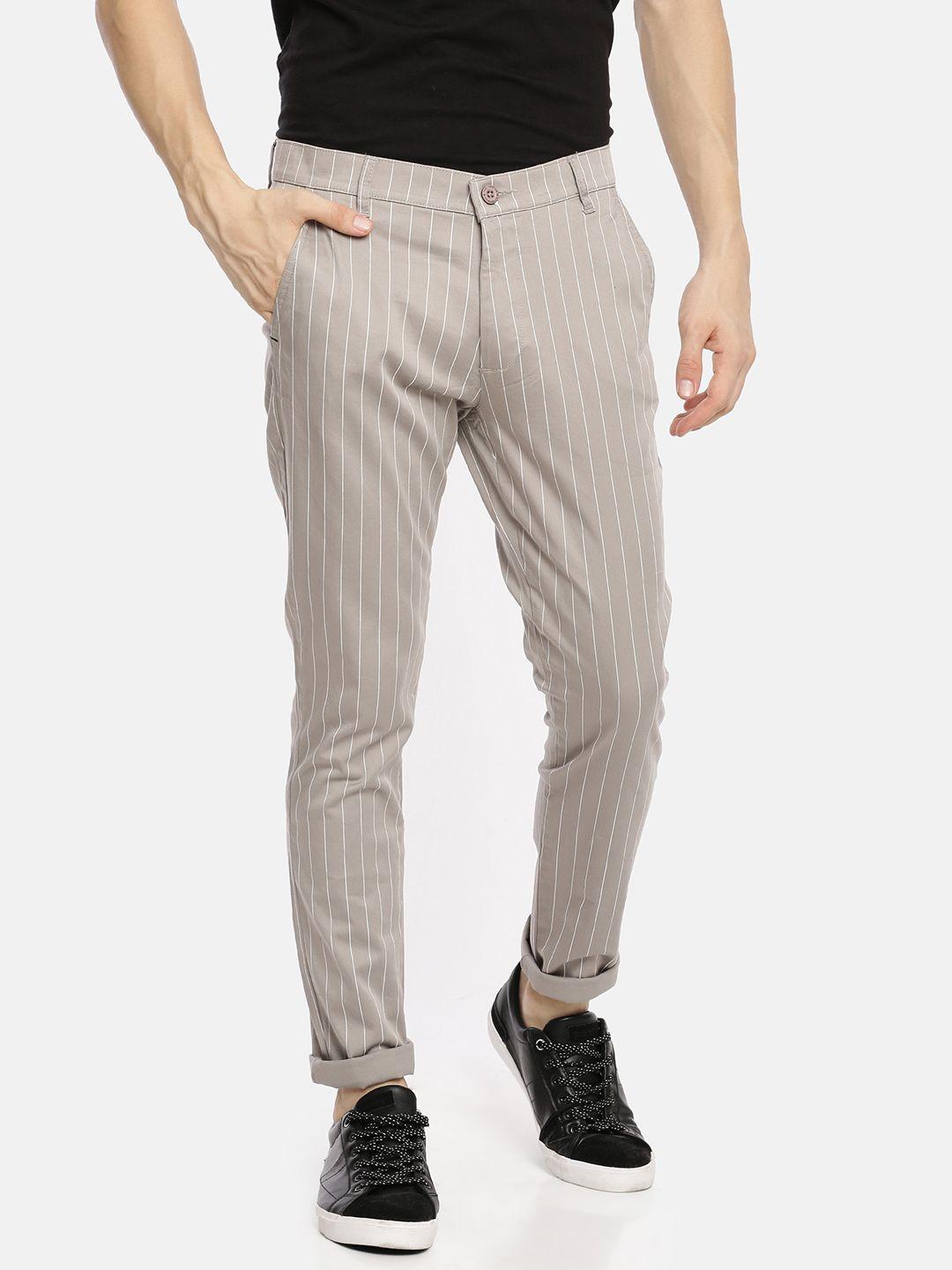 The Indian Garage Co Men Taupe Slim Fit Striped Regular Trousers