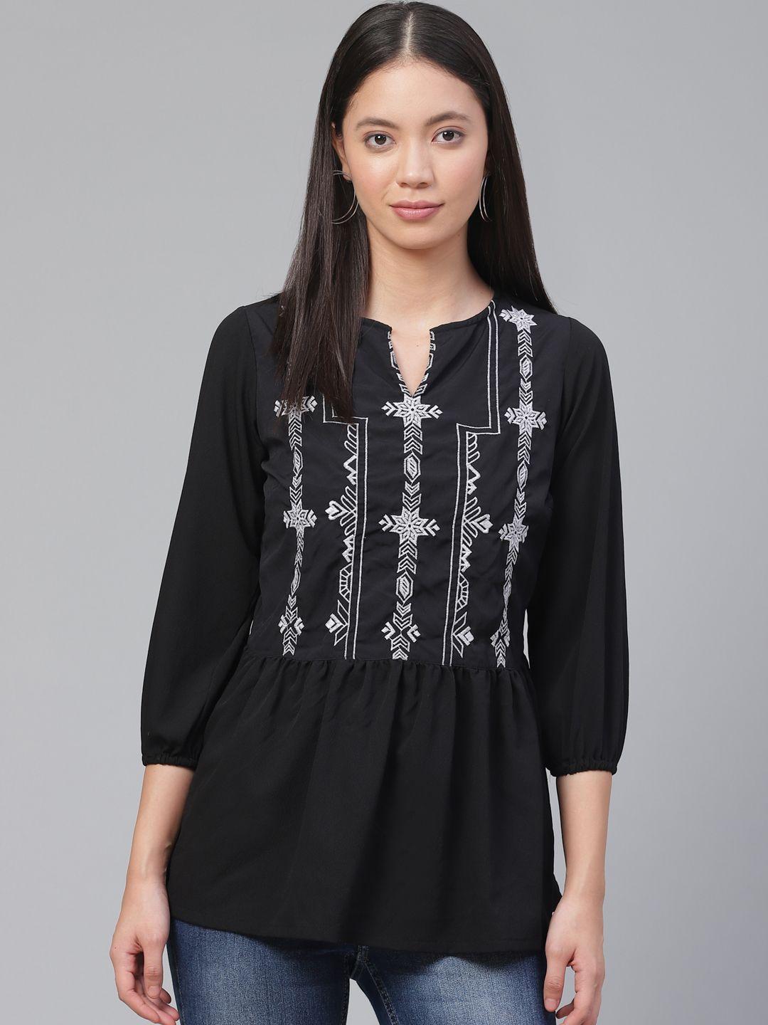 plusS Women Black & White Embroidered A-Line Top
