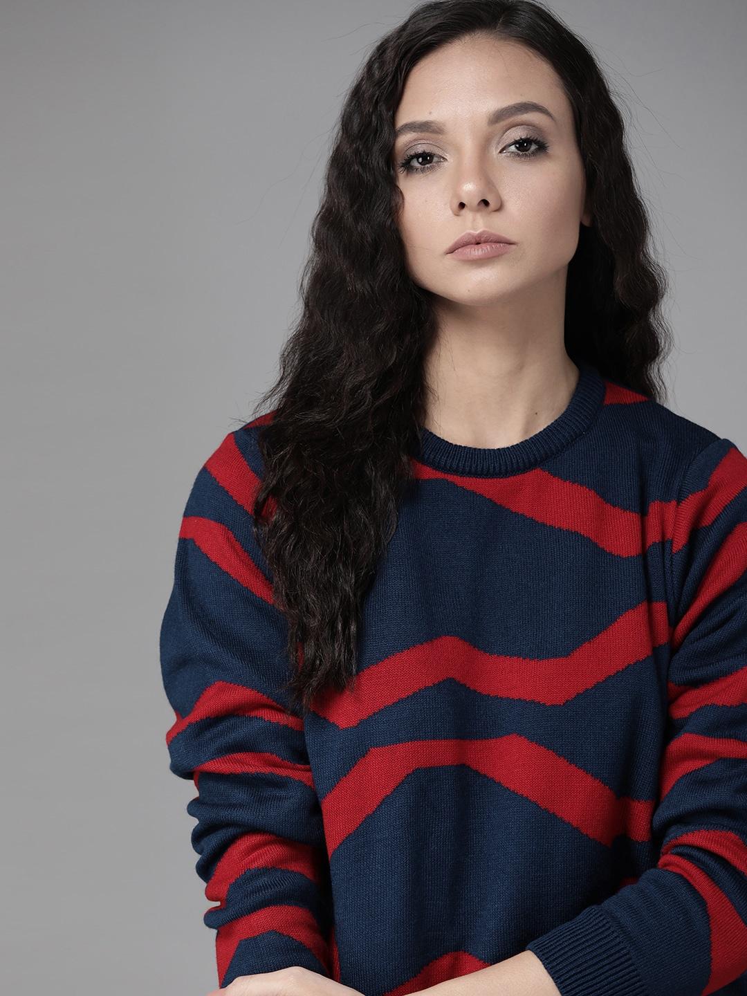 Roadster Women Navy Blue & Red Self Design Sweater