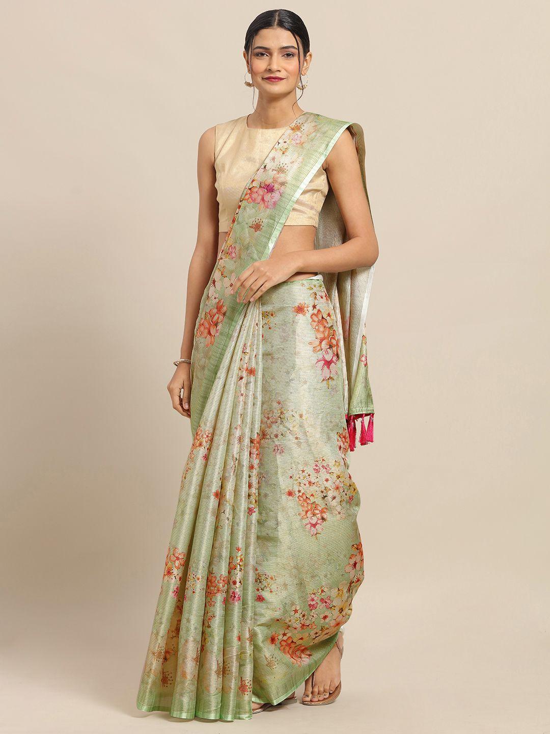 VASTRANAND Green Art Silk Floral Printed Maheshwari Saree